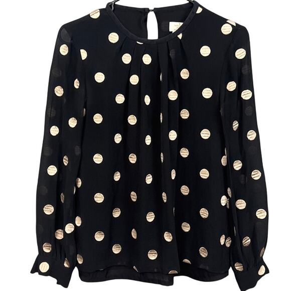 Kate Spade Silk Blouse Embroidered Polka Dots Black Tan SZ 0 Quiet Luxury Staple - Picture 2 of 8
